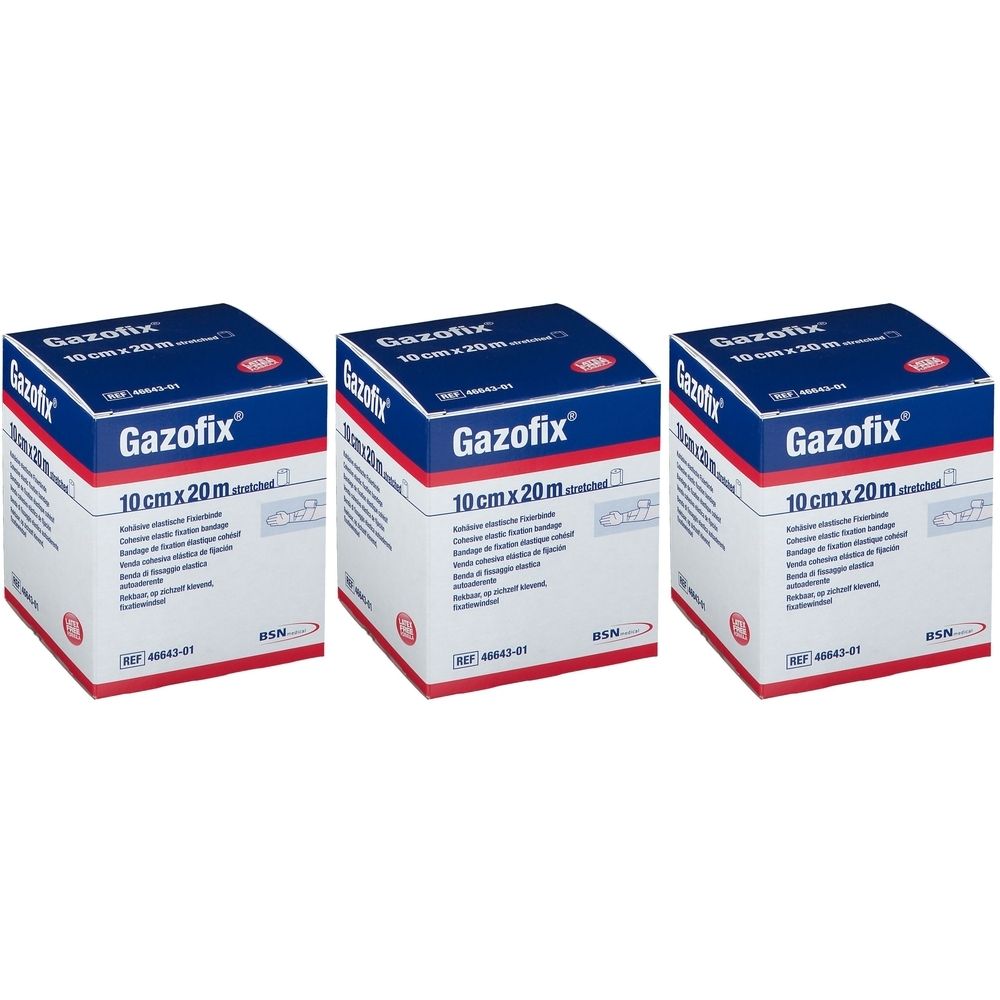 Drei quadratische Kartons. Aufschrift: Gazofix, 10 cm x 20 m. Blaue und weiße Verpackung. BSN-Logo.