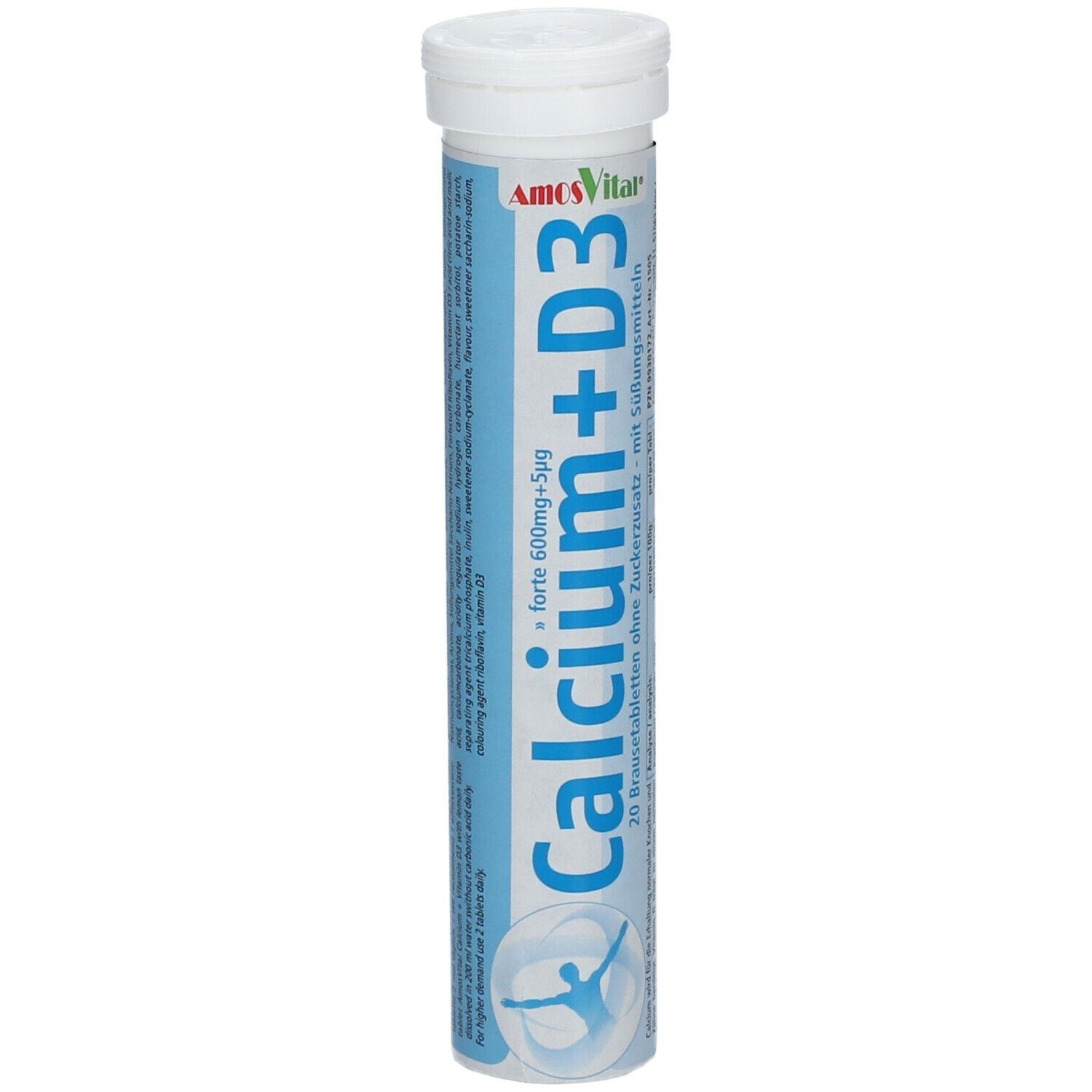 Zylindrische Verpackung mit Tabletten. Aufschrift: Calcium+D3, 600mg+5µg. Marke: AmosVital. Weißer Deckel.