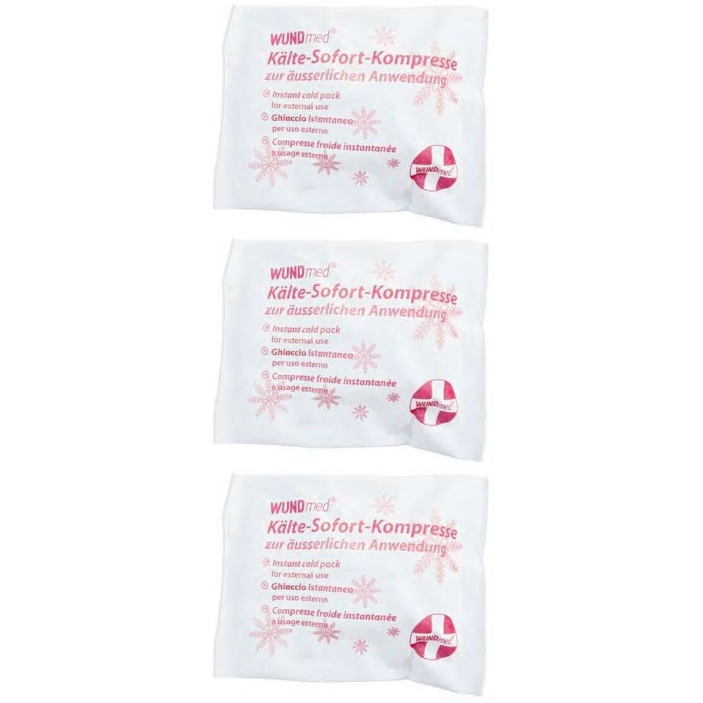 Drei weiße Kälte-Sofort-Kompressen. Auf jeder Packung steht "WUNDmed Kälte-Sofort-Kompresse zur äußerlichen Anwendung".