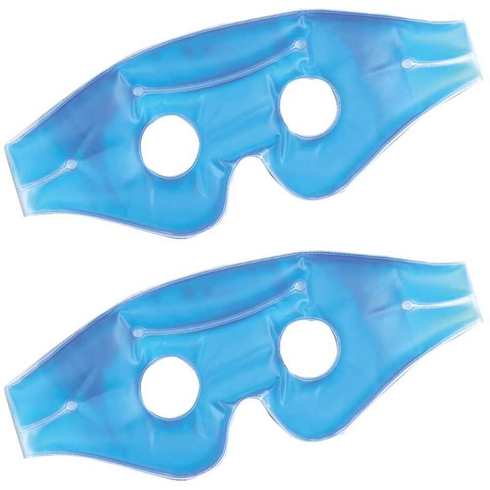 Zwei blaue Augenmasken mit kreisförmigen Öffnungen. Sie sind aus einem transparenten Material gefertigt.