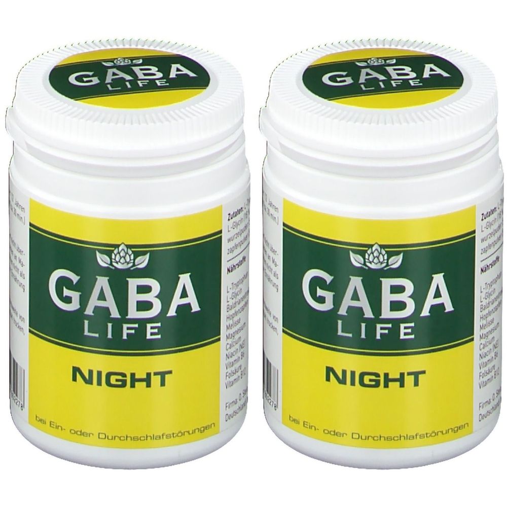 Zwei weiße Behälter mit gelben Etiketten. Auf den Etiketten steht "GABA LIFE NIGHT". Der Deckel hat ebenfalls "GABA LIFE".