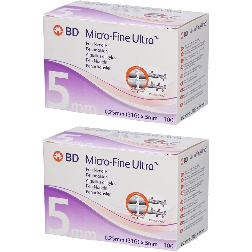 Zwei Schachteln mit BD Micro-Fine Ultra Pen-Nadeln. Aufdruck: 5 mm, 0,25 mm (31G) x 5 mm. Produktname und Logo deutlich sichtbar.