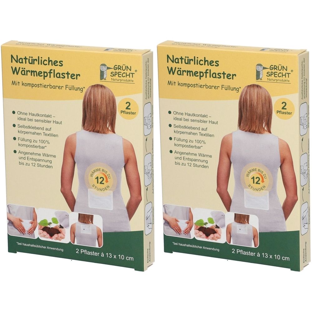 Zwei Kartons Wärmepflaster. Aufdruck: GRÜNSPECHT, Natürliches Wärmepflaster, 2 Pflaster, 13 x 10 cm. Abbildung einer Person mit Pflaster.