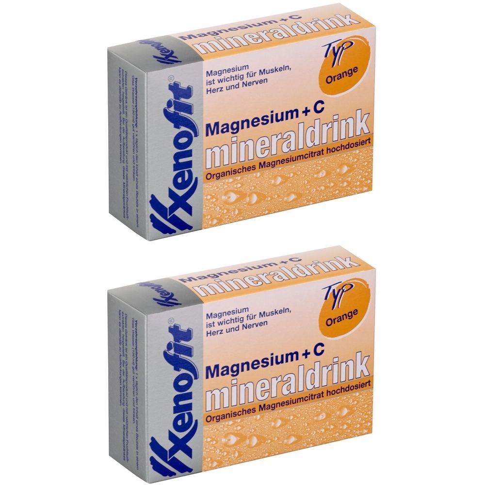 Zwei Kartons Xenofit Magnesium + C Mineraldrink. Orangefarbenes Design mit Produktnamen und Text. Enthält Magnesiumcitrat.