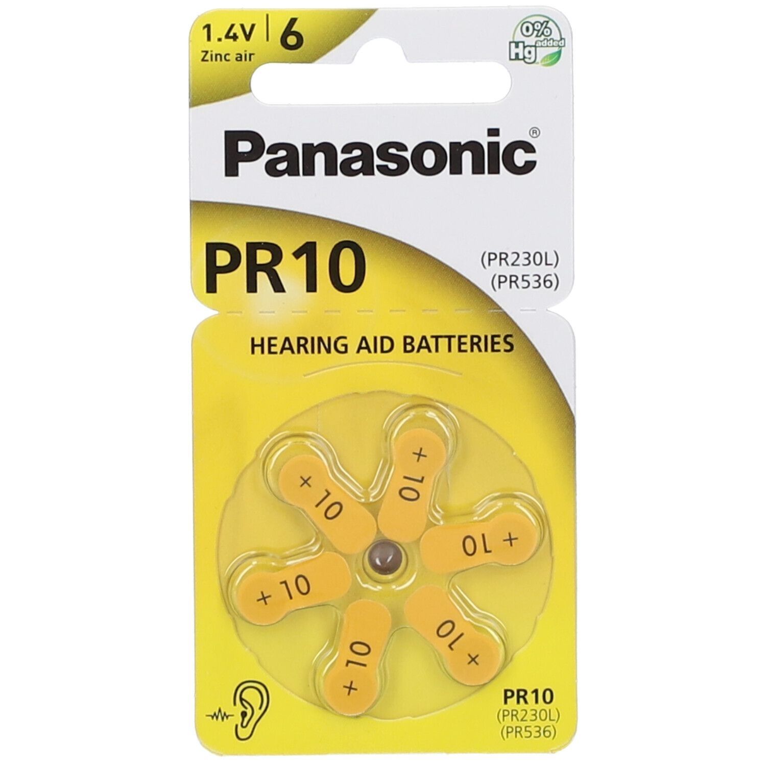 Verpackung mit sechs Hörgerätebatterien. Marke: Panasonic, Modell PR10. Gelbe Batterien mit Aufdruck +10. 1,4V, Zink-Luft.