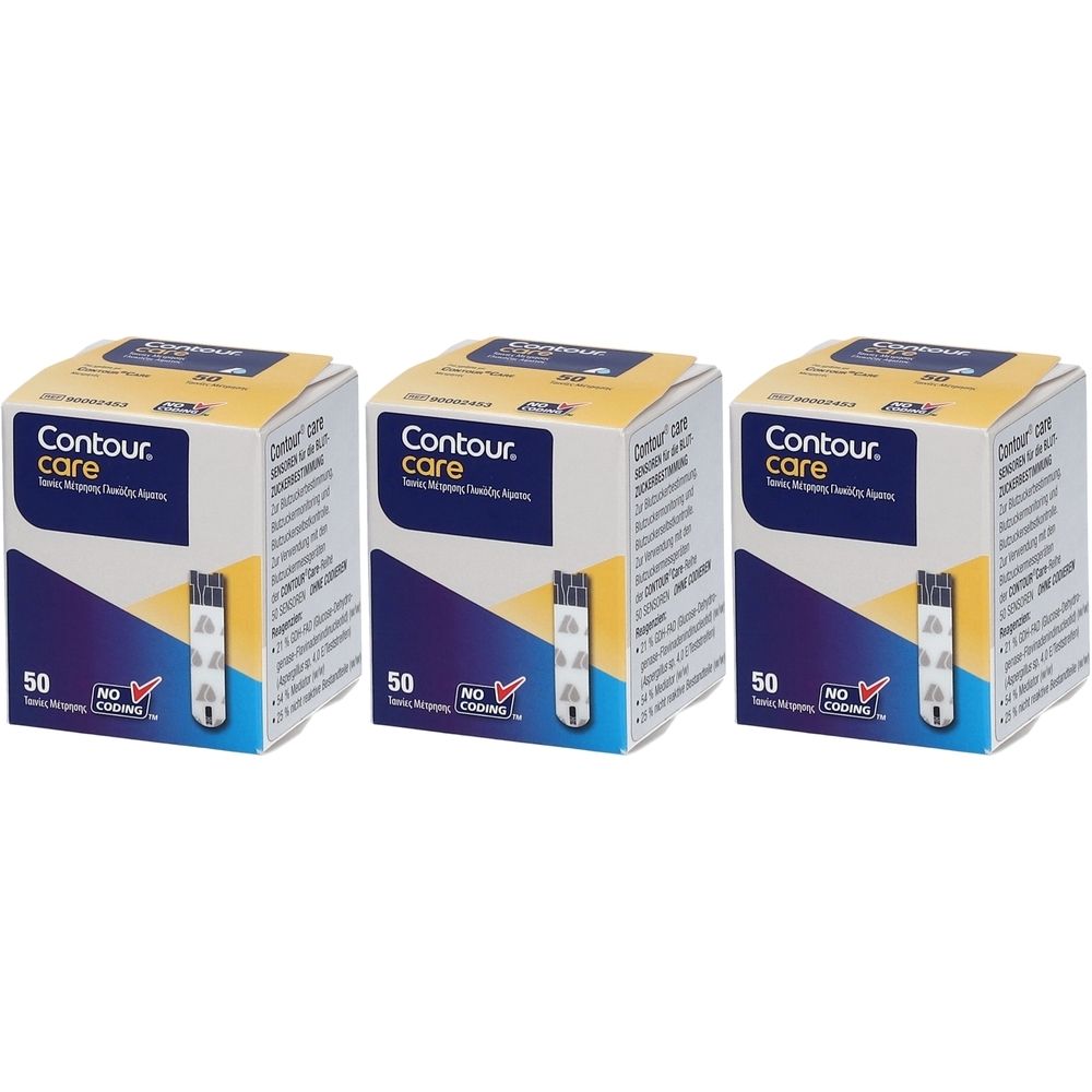 Drei Packungen CONTOUR® CARE Sensoren. Jede Packung zeigt das Produkt, die Marke und die Anzahl 50. Aufdruck: NO CODING.