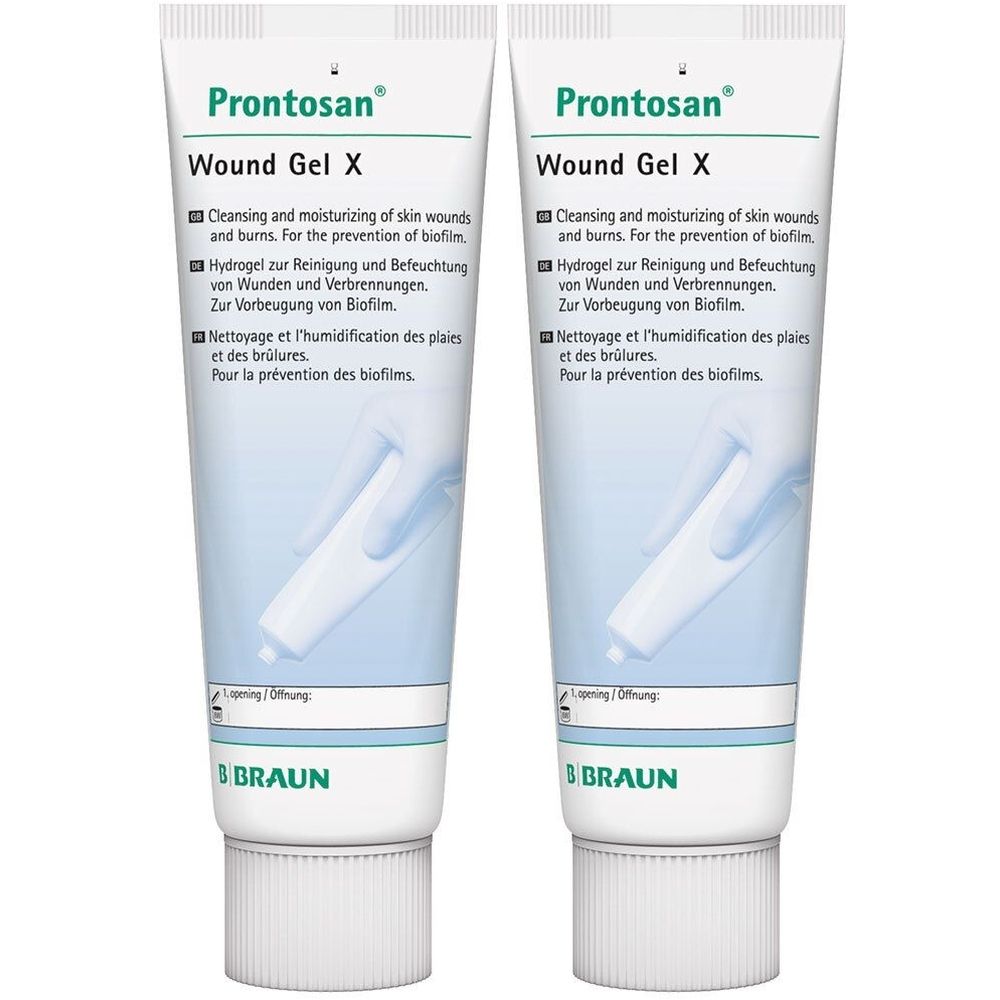 Zwei Tuben Prontosan® Wound Gel X. Weiße Tuben mit blauer Schrift und Abbildungen. Text in Deutsch, Englisch und Französisch.