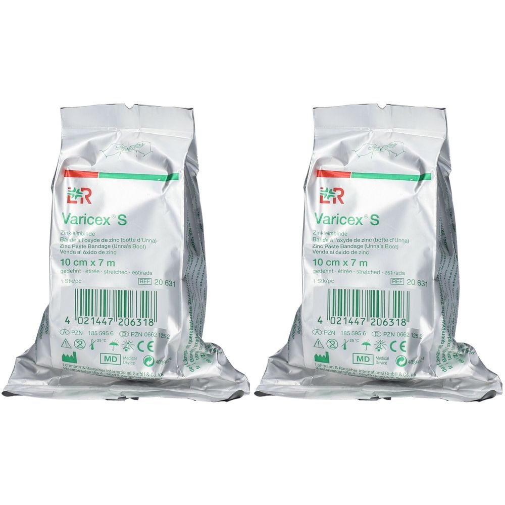 Zwei Packungen Varicex S, 10 cm x 7 m. Silberfarbene Verpackung mit Produktnamen und Größenangabe. CE-Kennzeichnung.
