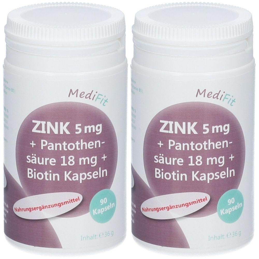 Zwei weiße Flaschen mit Deckel. Auf jeder Flasche steht "MediFit Zink 5 mg + Pantothensäure + Biotin Kapseln". 90 Kapseln.