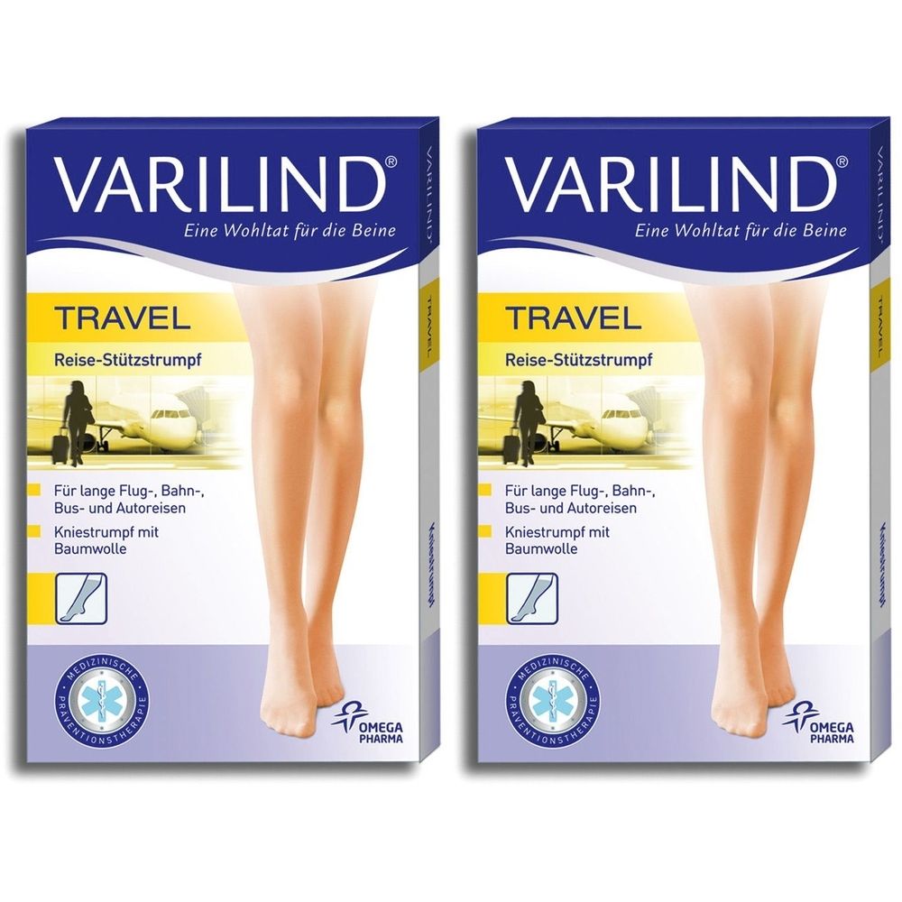 Zwei Packungen VARILIND Travel Kniestrümpfe. Blaue Verpackung mit Produktname, Bein-Illustration und Text für Reise.