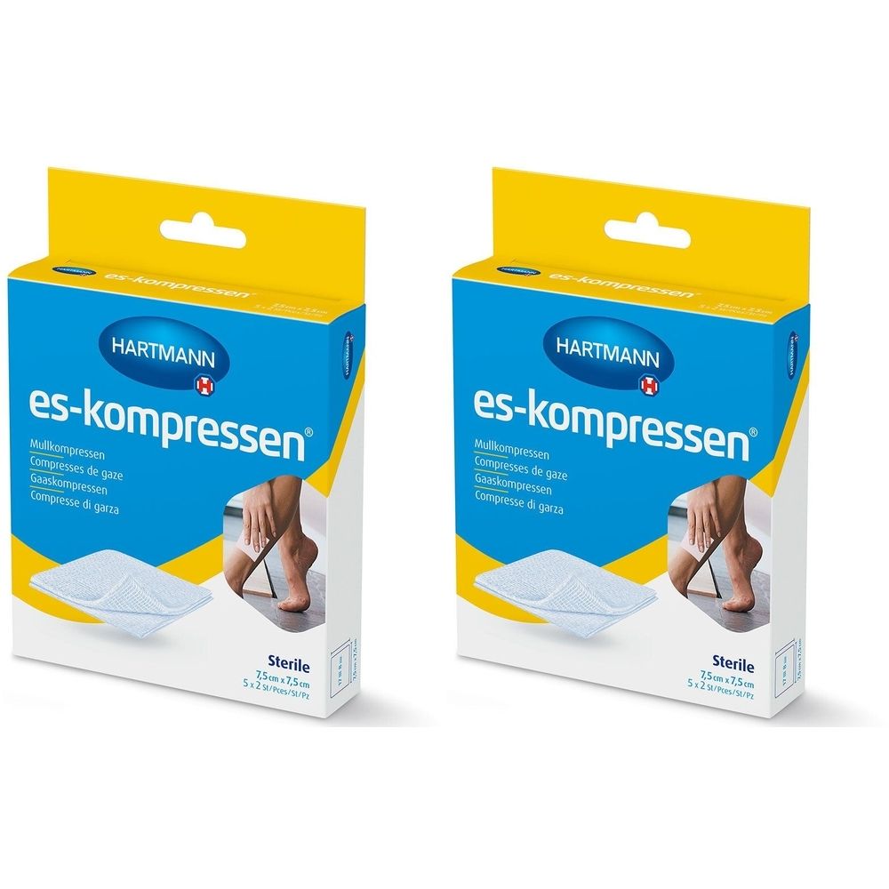 Zwei Packungen ES-Kompressen. Blaue Verpackung mit gelbem Deckel. Aufschrift: HARTMANN, es-kompressen, steril. Abbildung einer Kompresse.