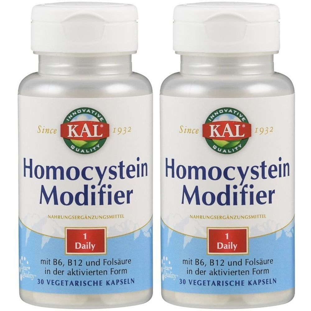 Zwei Flaschen KAL Homocystein Modifier. Weiße Kappen, silberne Behälter. Aufschrift: Homocystein Modifier, 1 Daily, 30 vegetarische Kapseln.