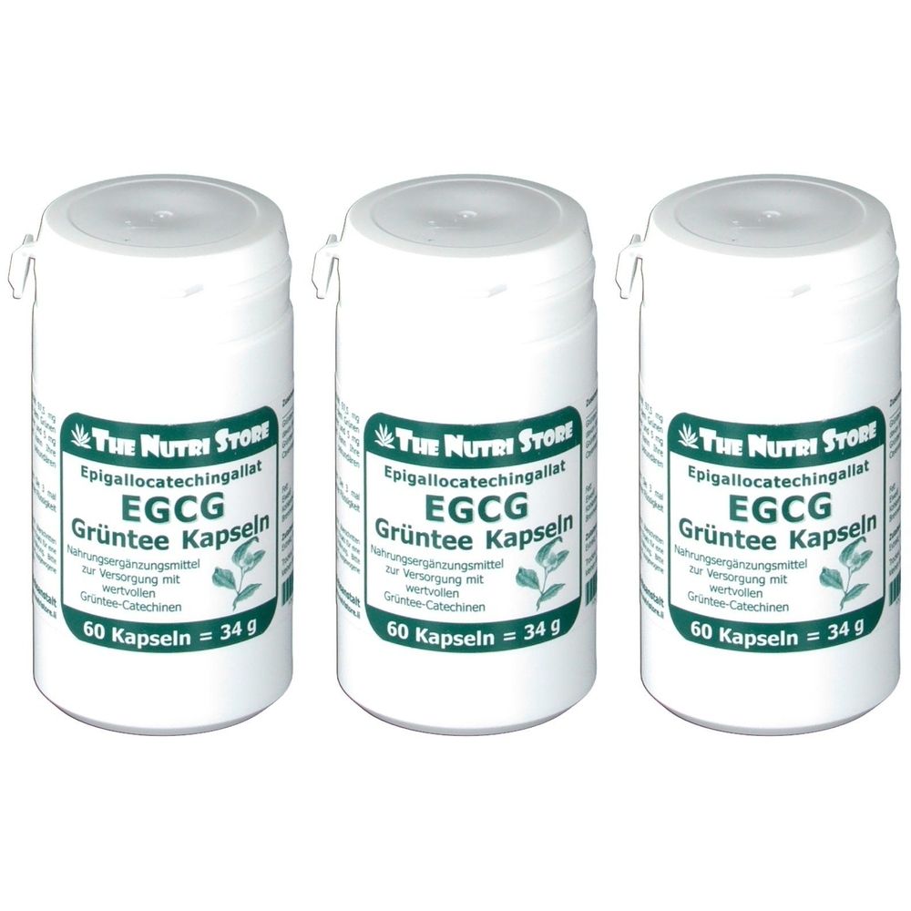 Drei weiße Pillendosen mit grünen Etiketten. Aufschrift: EGCG Grüntee Kapseln, 60 Kapseln. Marke: The Nutri Store.