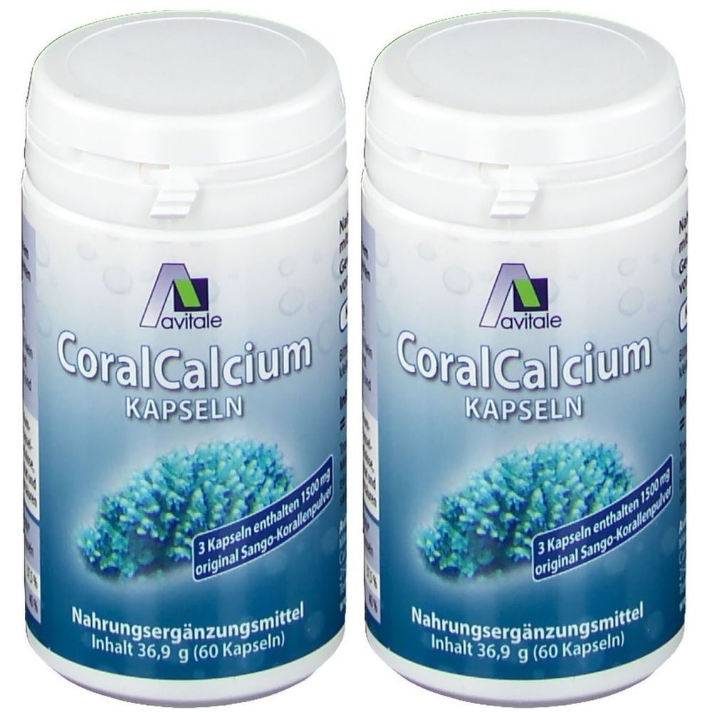 Zwei weiße Flaschen mit dem Produktnamen "CoralCalcium" und dem Logo "Avitale". Aufschrift: Nahrungsergänzungsmittel.