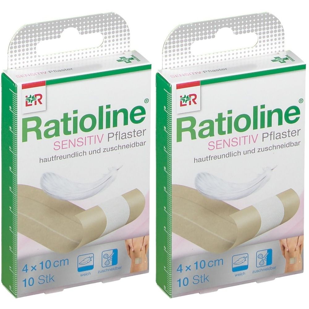 Zwei Packungen Ratioline® sensitive Pflaster. Aufschrift: SENSITIV Pflaster, 4 x 10 cm, 10 Stück. Hautfreundlich und zuschneidbar.
