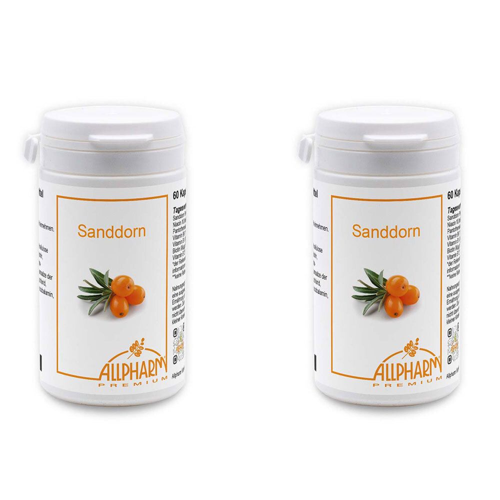 Zwei weiße Pillendosen mit Deckel. Aufschrift "Sanddorn" und Abbildung von Sanddorn-Früchten. Logo "ALLPHARM PREMIUM".