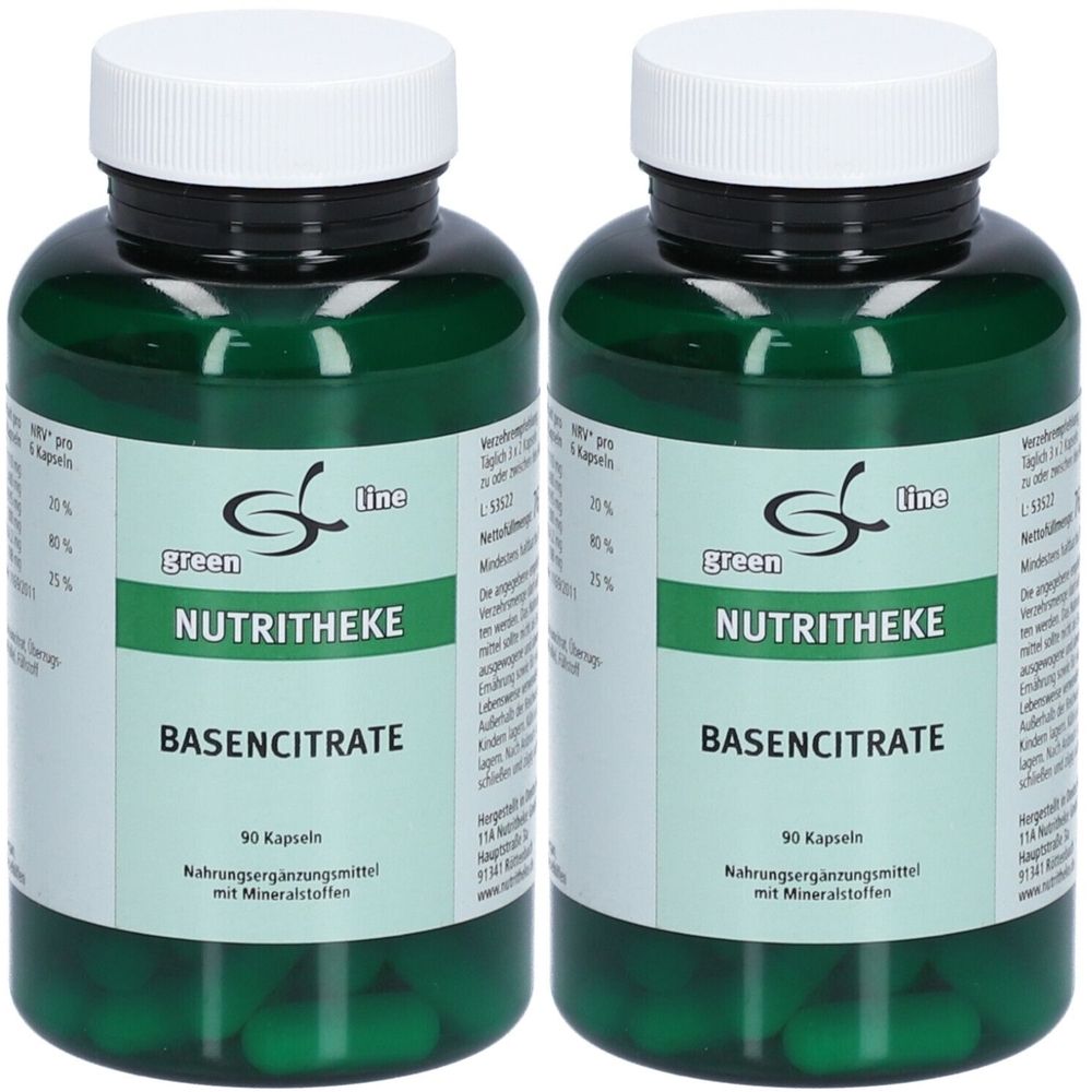 Zwei grüne Flaschen mit weißen Deckeln. Aufschrift: green line NUTRITHEKE BASENCITRATE. 90 Kapseln. Nahrungsergänzungsmittel.