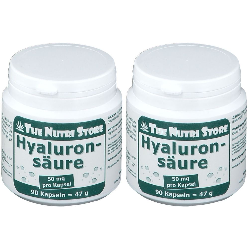 Zwei weiße Dosen mit Aufschrift "Hyaluronsäure". Jede Dose enthält 90 Kapseln. Aufschrift: "The Nutri Store".