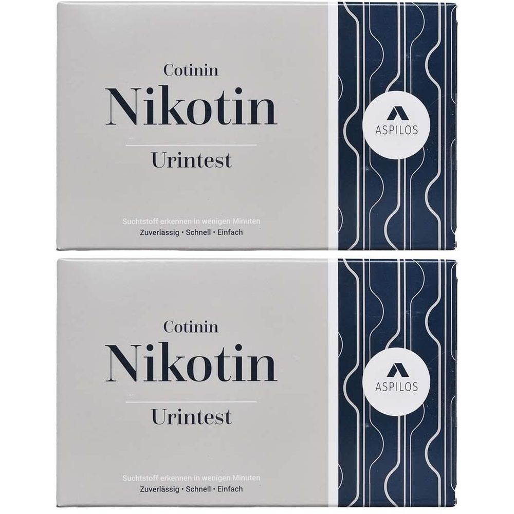 Zwei Schachteln mit der Aufschrift "Cotinin Nikotin Urintest". Auf jeder Schachtel ist das Logo von ASPILOS zu sehen.