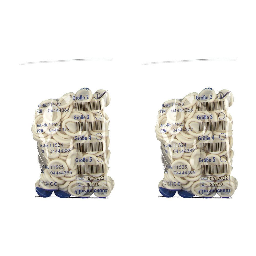 Zwei Packungen Fingerlinge, Größe 2-5, in Folie verpackt. Aufdrucke: Dr. Junghans, Größenangaben, Chargennummer, Barcode.