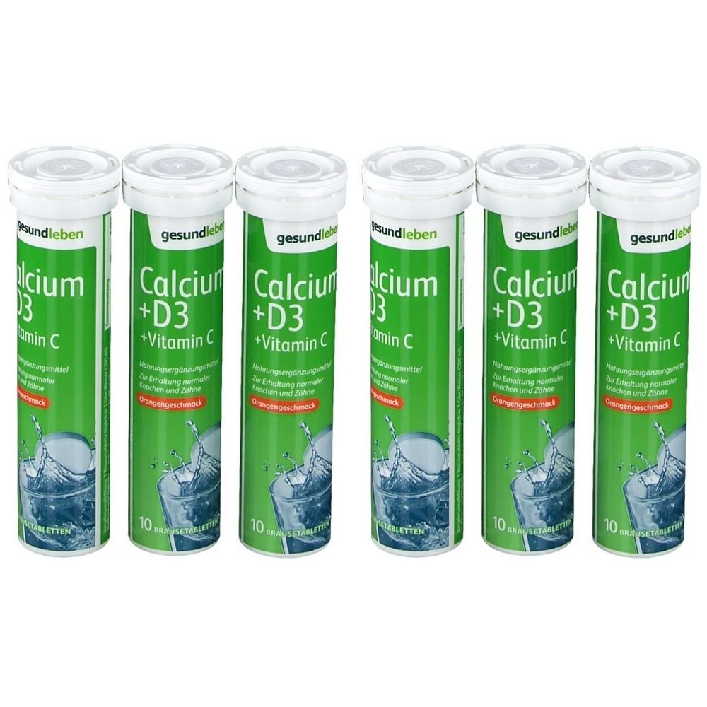 Sechs grüne Tablettenröhren mit weißen Deckeln. Aufschrift: Calcium +D3 +Vitamin C. Marke: gesund leben. Jede Röhre enthält 10 Tabletten.