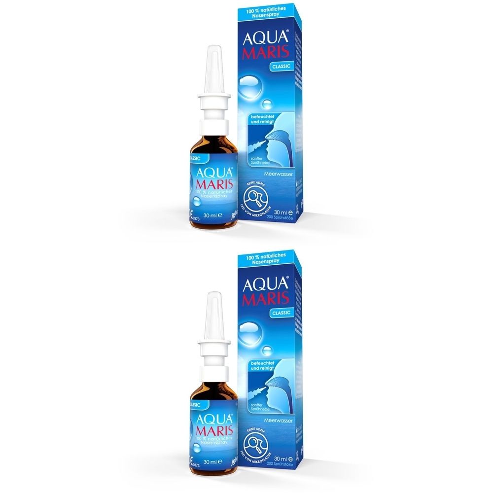 Nasenspray-Flasche und Schachtel. Flasche aus braunem Glas mit weißem Sprühkopf. Blaue Schachtel mit Produktnamen und Illustration.