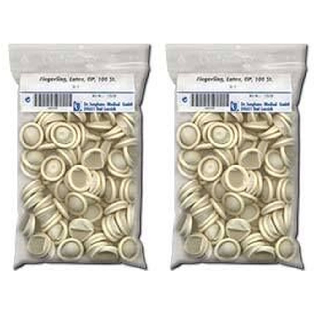 Zwei Beutel mit Latex-Fingerlingen. Aufschrift: Dr. Junghans Medical GmbH. Jede Packung enthält 100 Stück.
