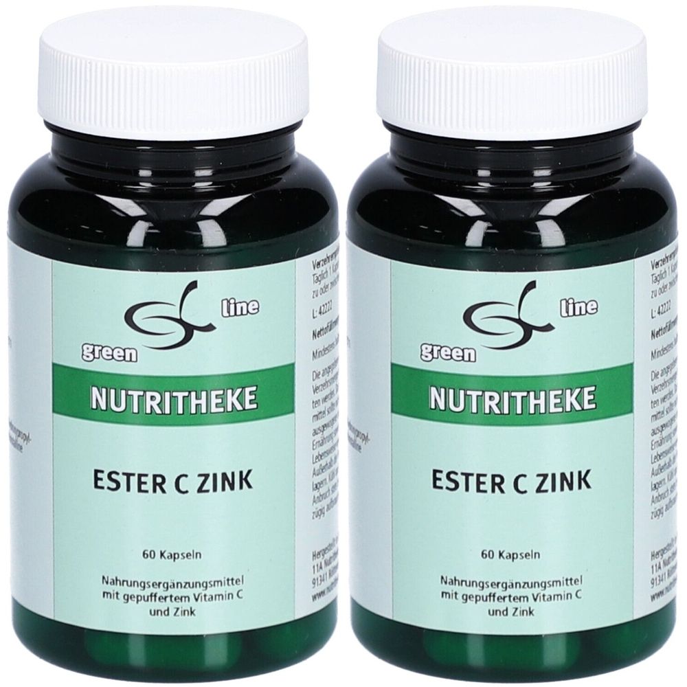 Zwei grüne Flaschen mit weißen Deckeln. Aufschrift: green line NUTRITHEKE Ester C Zink. Enthält 60 Kapseln. Nahrungsergänzungsmittel mit Vitamin C und Zink.