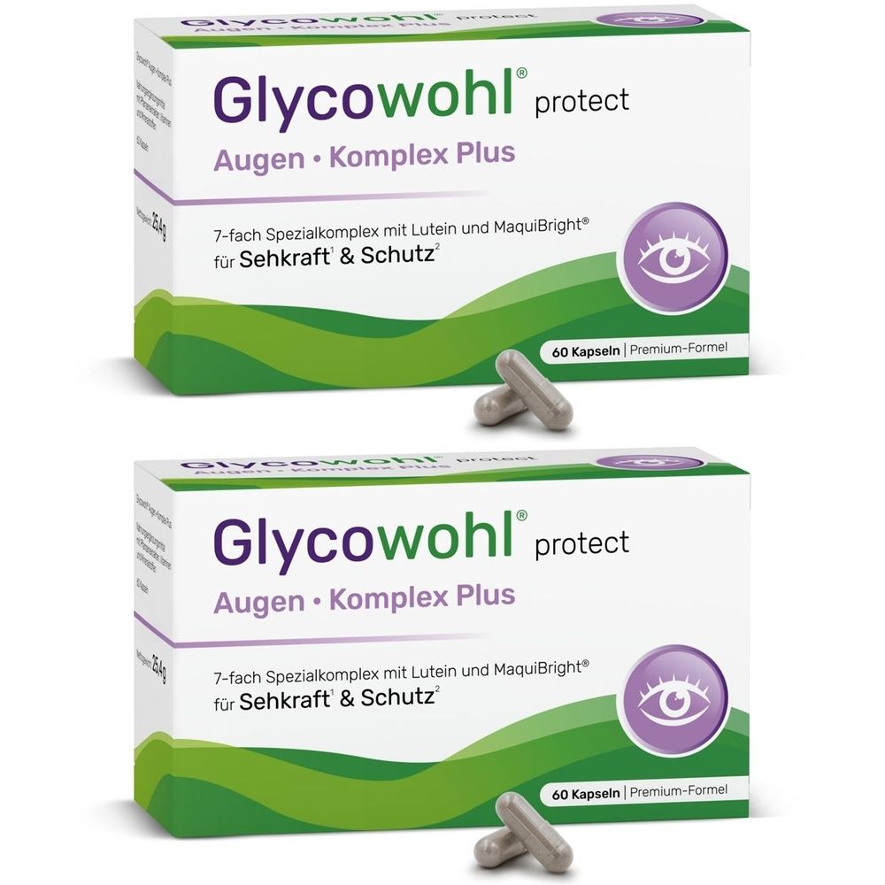 Zwei Packungen Glycowohl protect Augen Komplex Plus. Jede Packung enthält 60 Kapseln. Aufschrift: 7-fach Spezialkomplex für Sehkraft & Schutz.