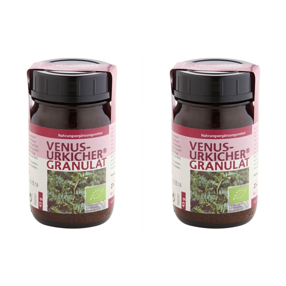 Zwei braune Glasflaschen mit schwarzem Deckel und Etikett. Aufschrift: VENUS-URKICHER® GRANULAT. Bio-Siegel.