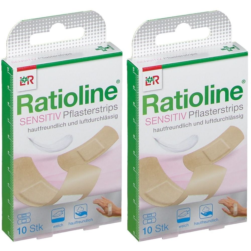Zwei Packungen Ratioline Pflasterstrips. Auf jeder Packung sind Pflaster, Produktname, und die Aufschrift "SENSITIV" zu sehen. 10 Stück.