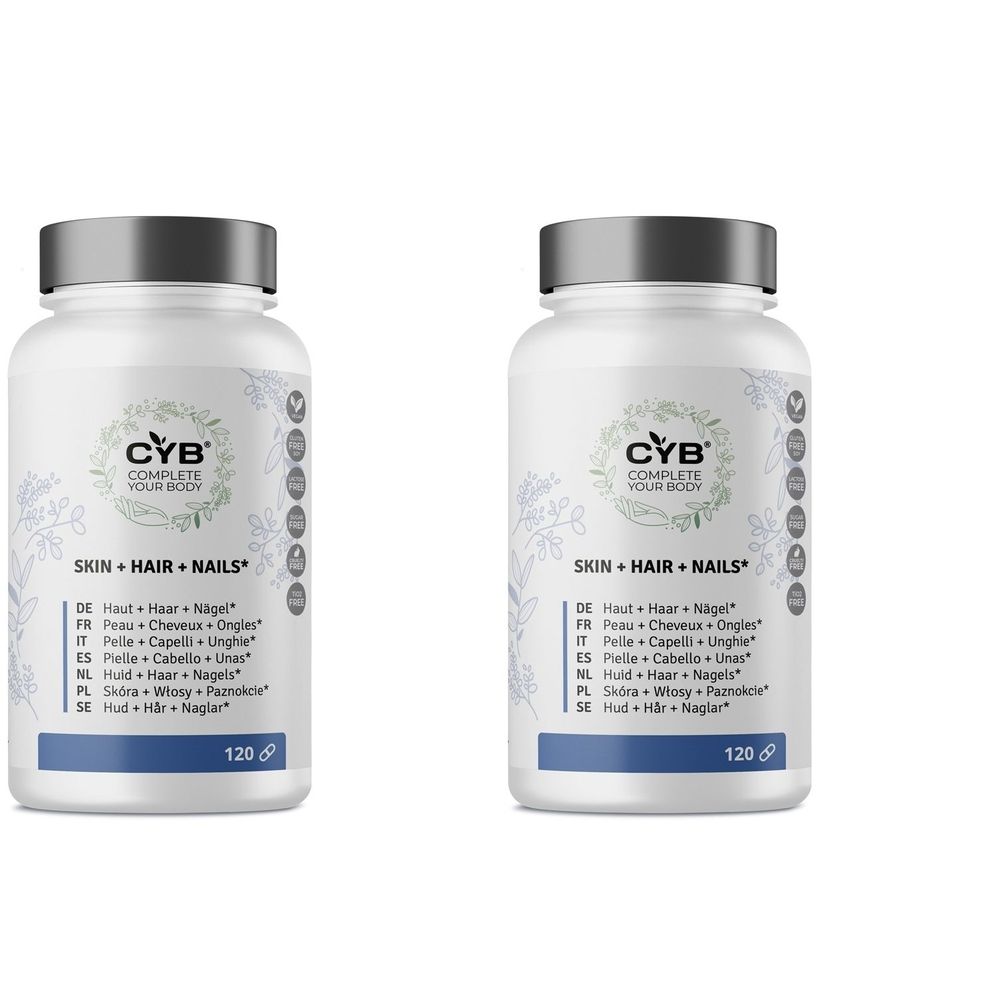Zwei weiße Flaschen mit grauen Deckeln. Aufschrift: CYB COMPLETE YOUR BODY, SKIN + HAIR + NAILS. Enthält 120 Tabletten.
