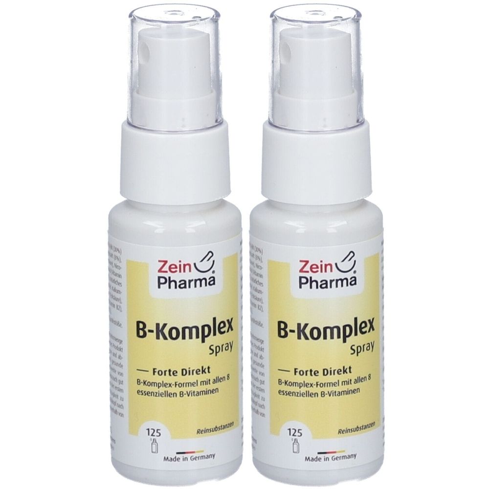 Zwei weiße Sprühflaschen mit transparenten Kappen. Aufschrift: Zein Pharma, B-Komplex Spray. Enthält B-Vitamine. Hergestellt in Deutschland.