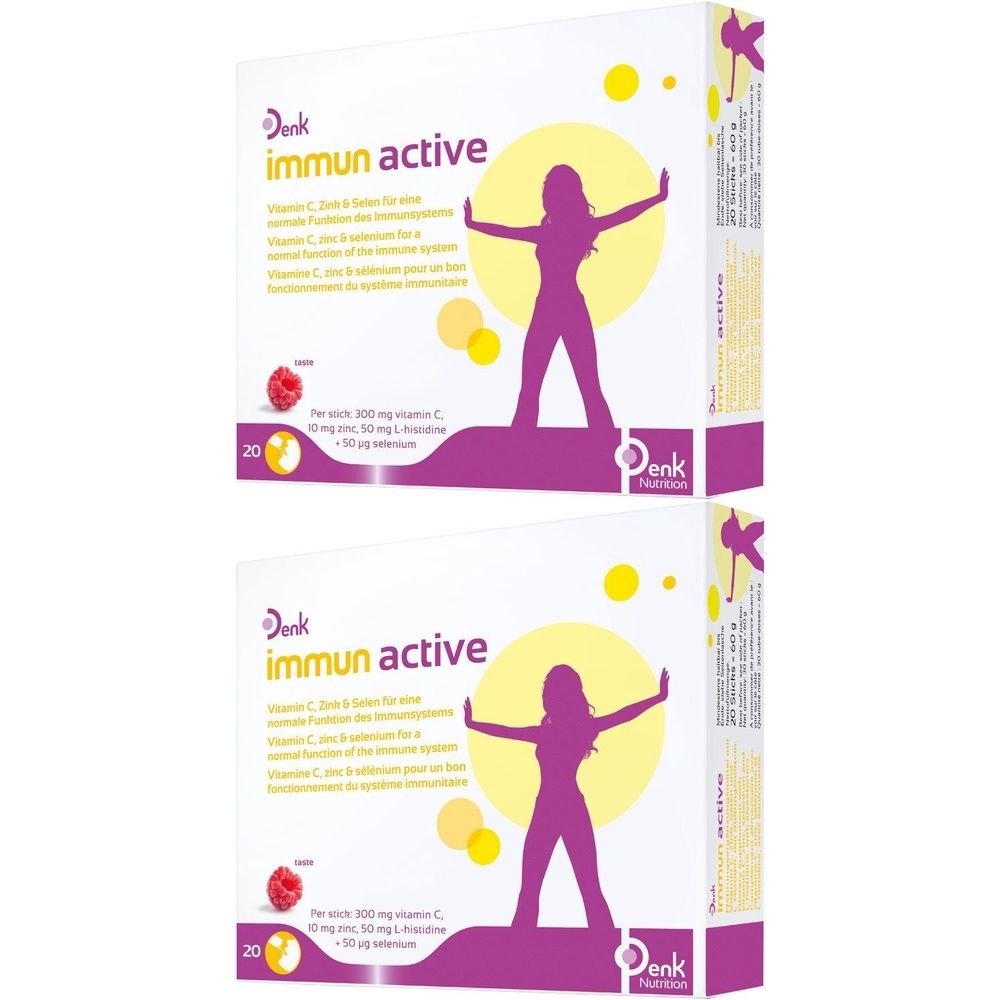 Zwei Schachteln mit Produktaufdruck. Aufschrift: immun active, Denk. Abbildung einer Frau. Angaben zu Vitaminen und Mineralstoffen.
