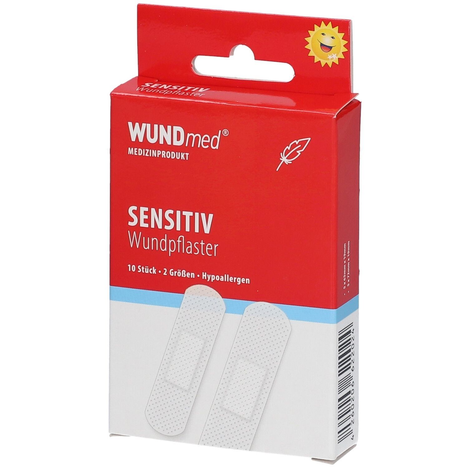 Rote Verpackung mit WUNDmed-Logo und Produktbezeichnung: Sensitiv Wundpflaster. Zeigt zwei Pflaster.