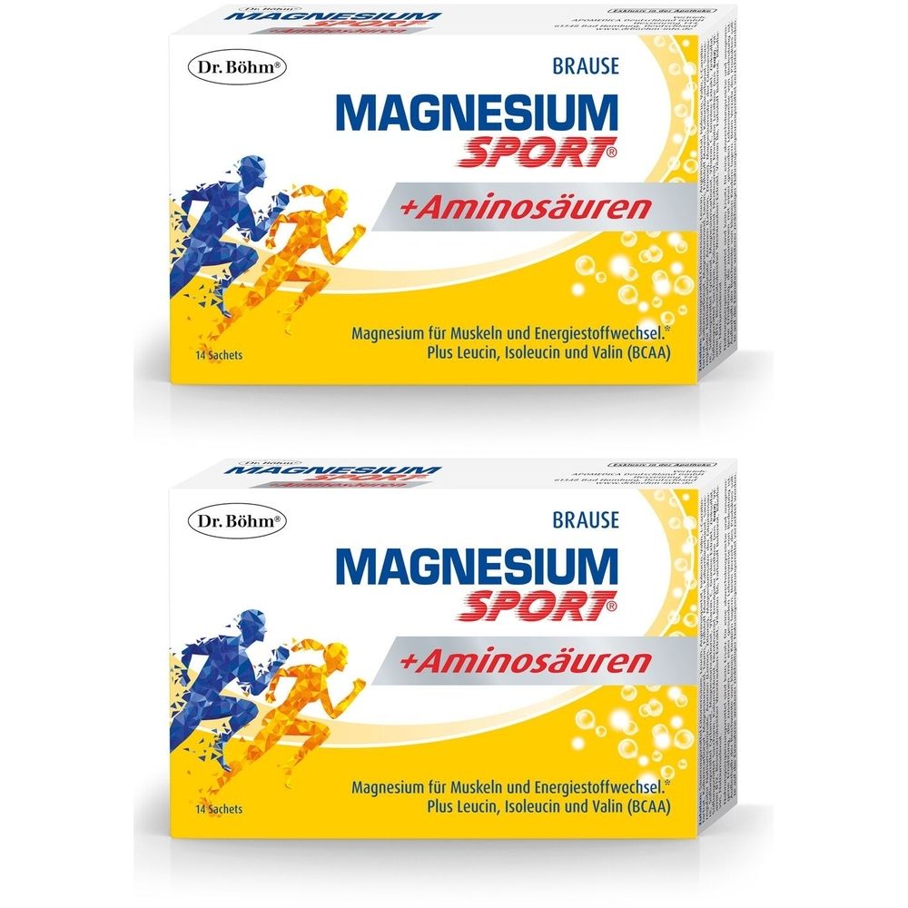 Zwei Packungen Dr. Böhm Magnesium Sport + Aminosäuren. Aufdruck: Magnesium für Muskeln und Energiestoffwechsel. Plus Leucin, Isoleucin und Valin (BCAA).