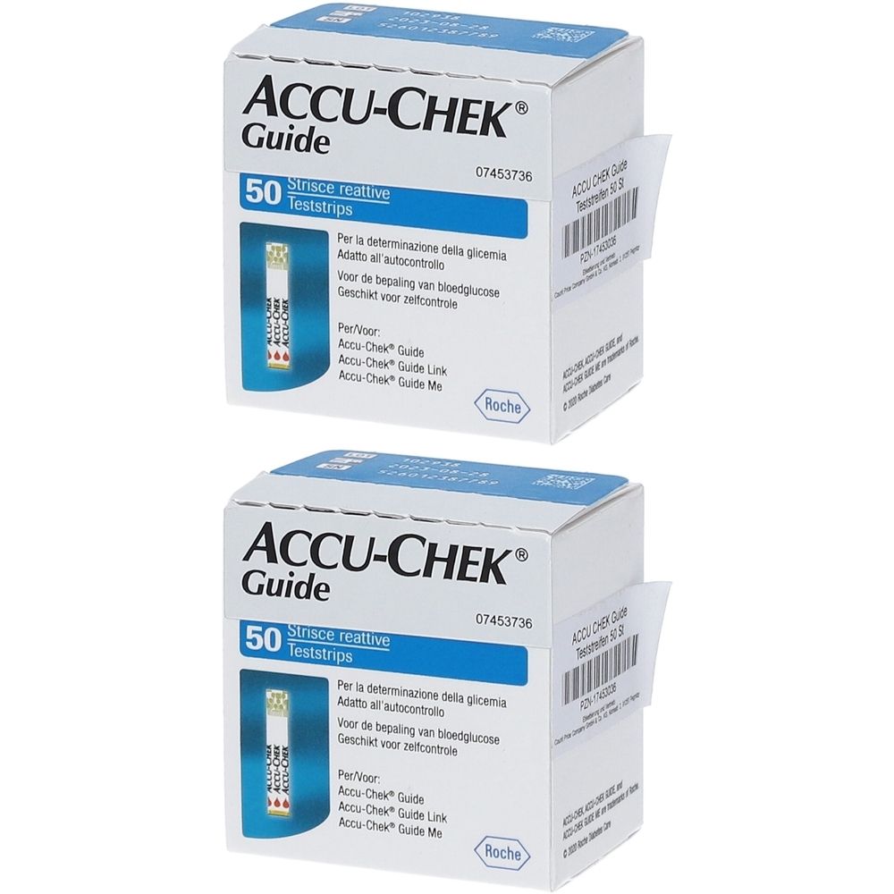 Zwei Schachteln ACCU-CHEK Guide Teststreifen. Auf jeder Schachtel steht "50 Teststreifen". Die Verpackung ist weiß mit blauen Akzenten.