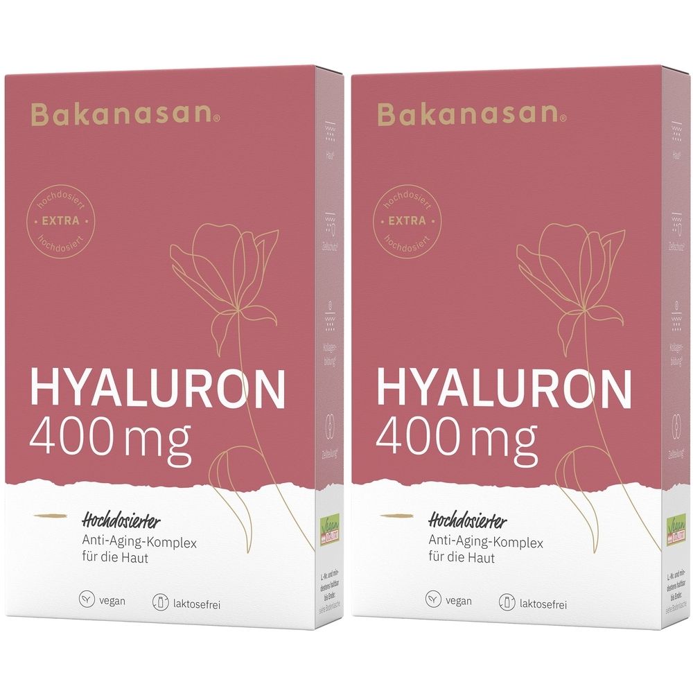 Zwei Packungen Bakanasan Hyaluron 400 mg. Aufdruck: Anti-Aging-Komplex für die Haut, vegan, laktosefrei. Rosa-weiße Verpackung mit floralem Muster.