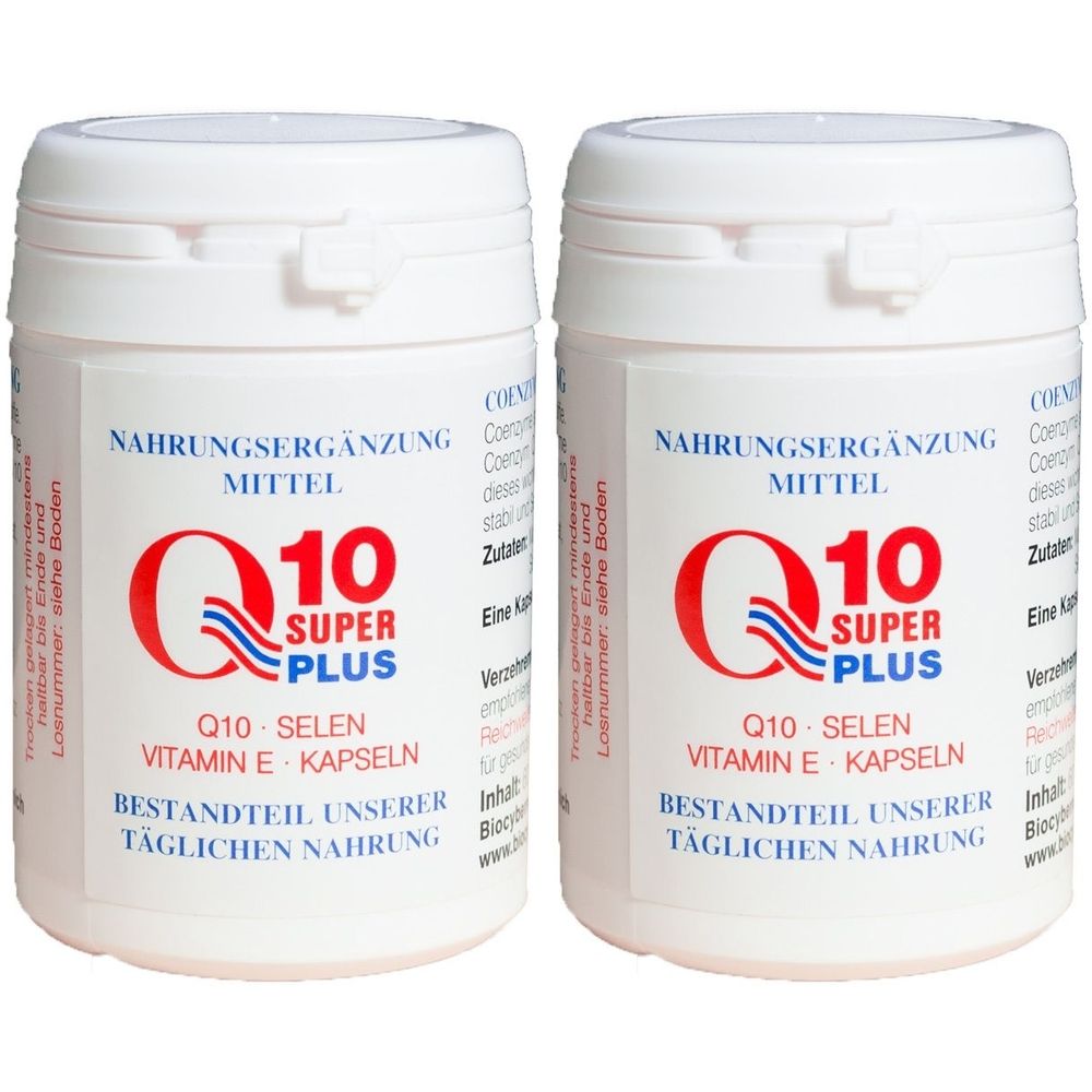 Zwei weiße Pillendosen mit roter und blauer Beschriftung. Aufschrift: Q10 Super Plus Selen, Nahrungsergänzungsmittel.