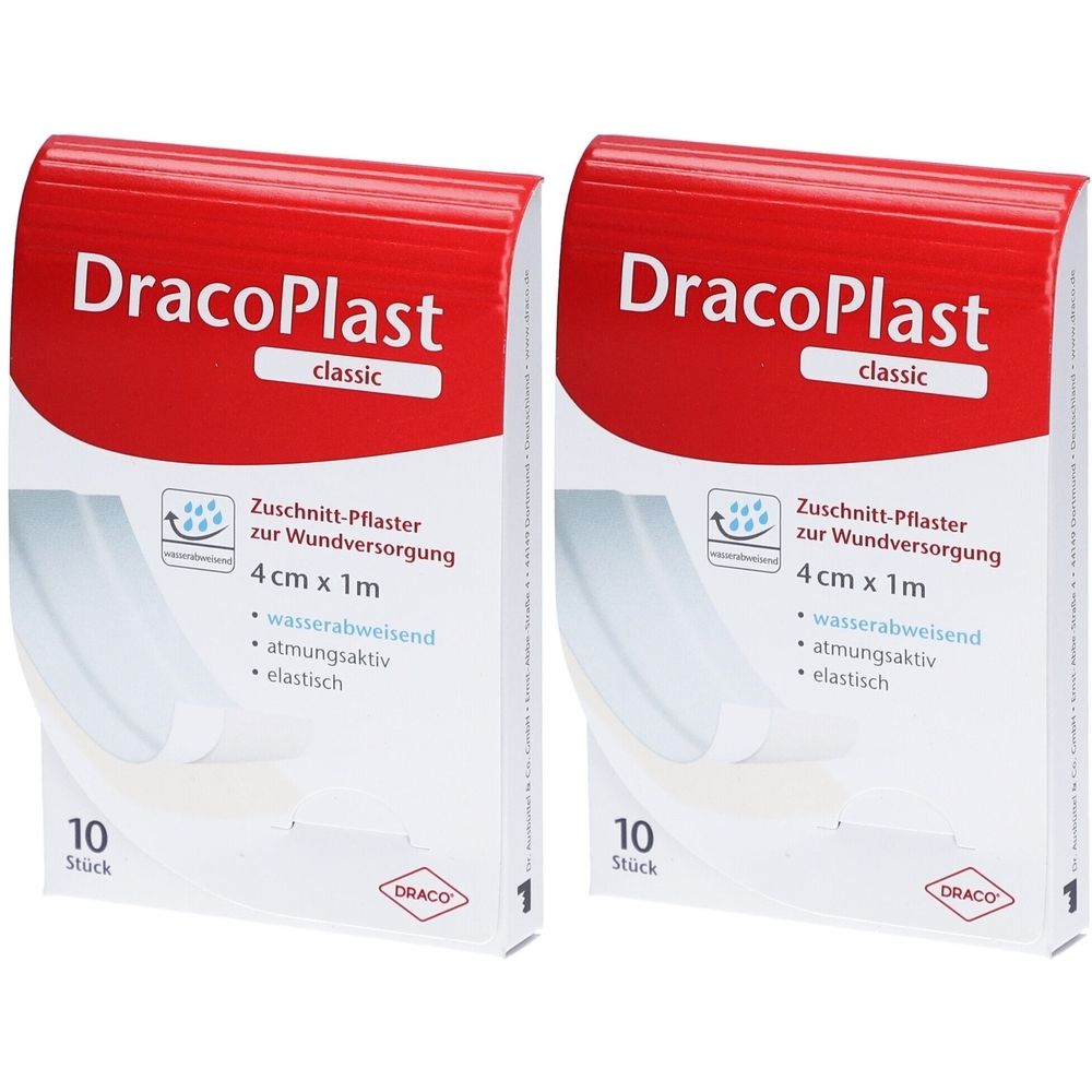 Zwei Packungen DracoPlast Classic Pflaster. Rote Oberseite mit weißer Schrift. Angaben: 4 cm x 1 m, wasserabweisend, atmungsaktiv, elastisch. 10 Stück.