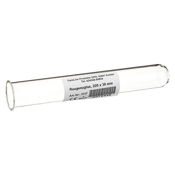 Reagenzglas aus Glas, 200 x 30 mm. Mit Etikett, Art.-Nr. 3337, CE-Kennzeichnung. CareLine Produkte.