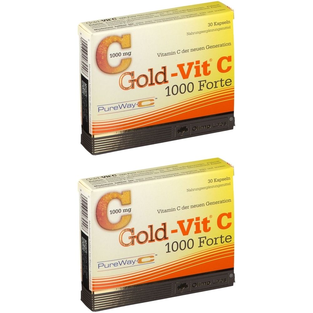 Zwei Schachteln Gold-Vit C 1000 Forte. Aufschrift: Vitamin C, 1000 mg, 30 Kapseln. Gelb-orangefarbene Verpackung.