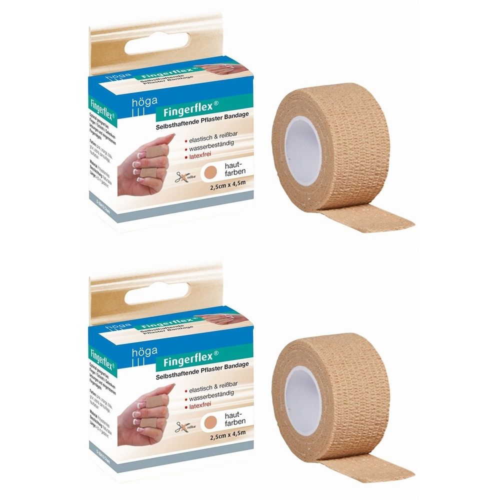 Hautfarbenes Fingerflex Pflaster, 2,5cm x 4,5m, in Verpackung. Marke höga. Zwei Rollen und zwei Verpackungen sind abgebildet.