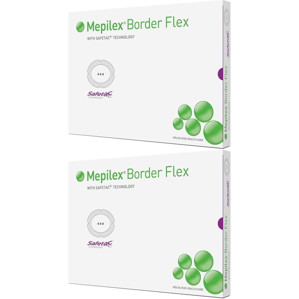 Zwei weiße Kartons mit grünem Logo und Text: Mepilex Border Flex. Aufdruck: Safetac. Auf der Seite: Mepilex Border Flex.