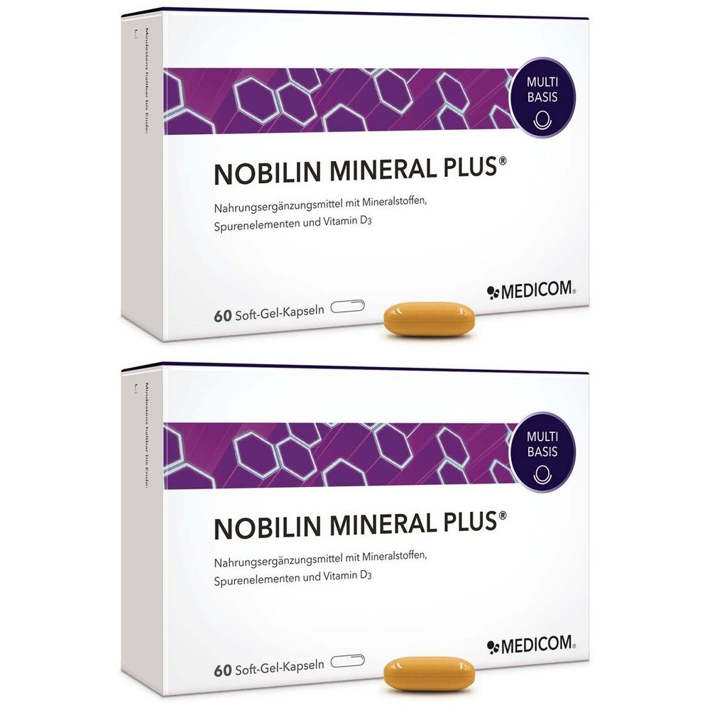 Zwei Schachteln NOBILIN MINERAL PLUS. Aufschrift: Nahrungsergänzungsmittel mit Mineralstoffen, Spurenelementen und Vitamin D. 60 Soft-Gel-Kapseln.