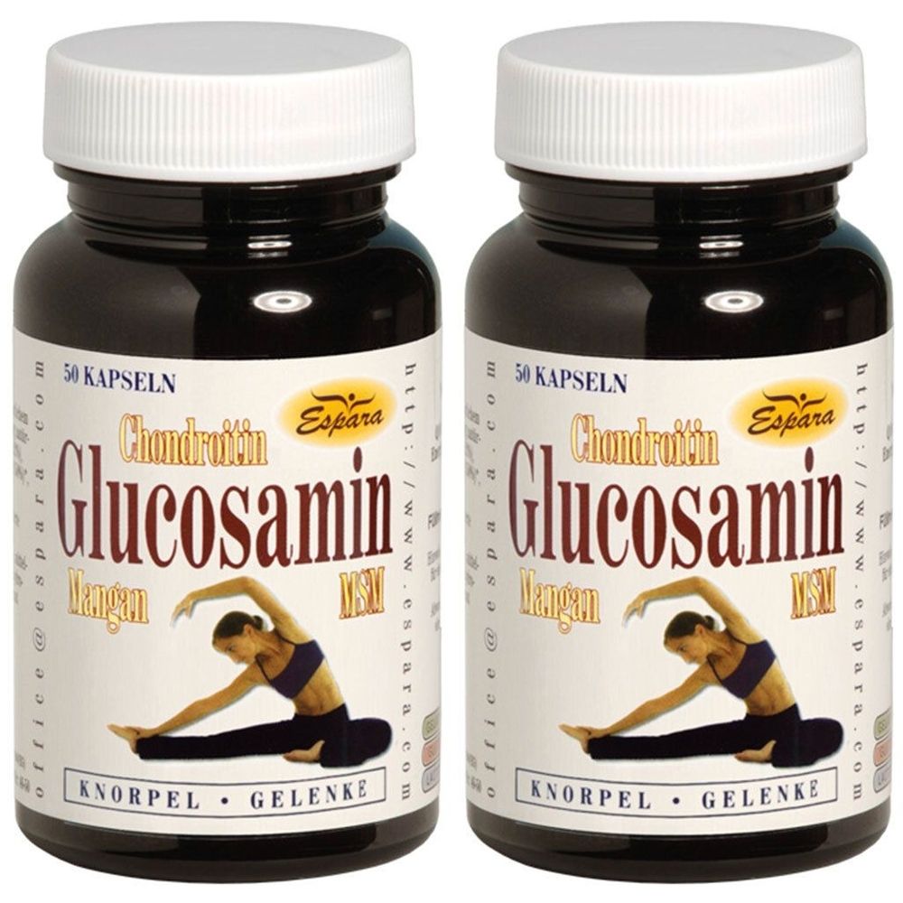 Zwei braune Flaschen mit weißen Deckeln. Auf den Etiketten steht "Glucosamin" und "Knorpel - Gelenke". Das Logo von Espara ist sichtbar.