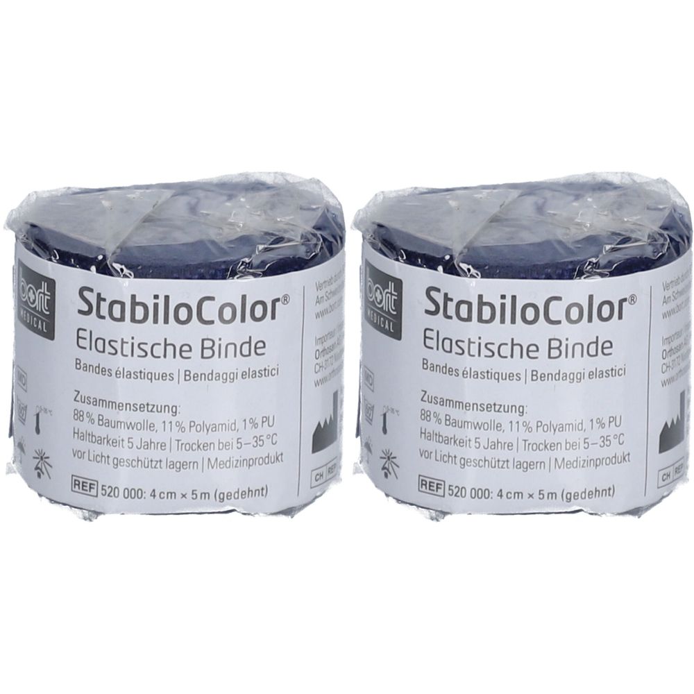Zwei Rollen blaue elastische Binde. Aufschrift: StabiloColor, Elastische Binde. Größe: 4 cm x 5 m.