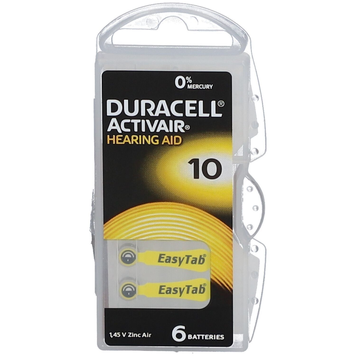 DURACELL ACTIVAIR Hörgerätebatterien, Packung mit 6 Batterien. 0% Quecksilber. Mit EasyTab. 1,45 V Zink-Luft.