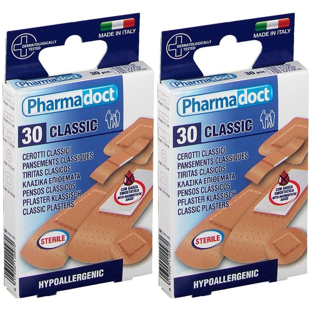 Zwei Packungen PharmaDoct Classic Pflaster. Jede Packung enthält 30 Pflaster. Aufschrift: STERILE, HYPOALLERGENIC, Made in Italy.