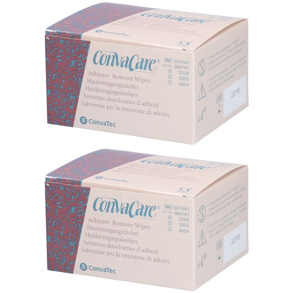 Zwei Kartons ConvaCare Hautreinigungstücher. Aufschrift: Adhesive Remover Wipes. Verpackung mit rotem Muster.
